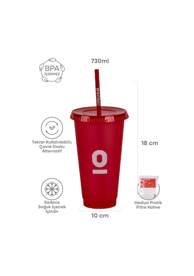 Kırmızı Tekrar Kullanılabilir Pipetli Bardak 730 Ml No:134 Kırmızı