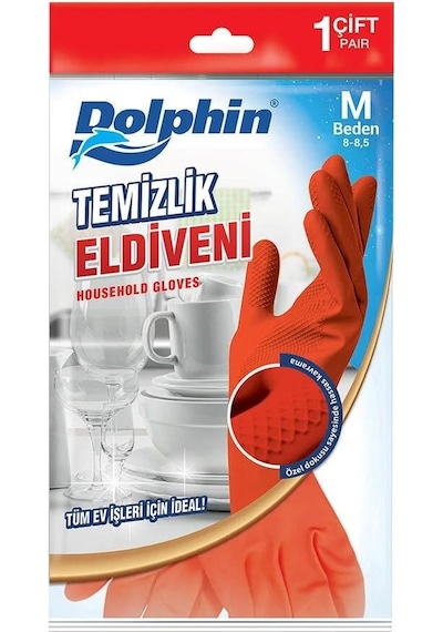 Dolphin Lateks Bulaşık Temizlik Eldiveni Kırmızı M 8-8.5 10'lu
