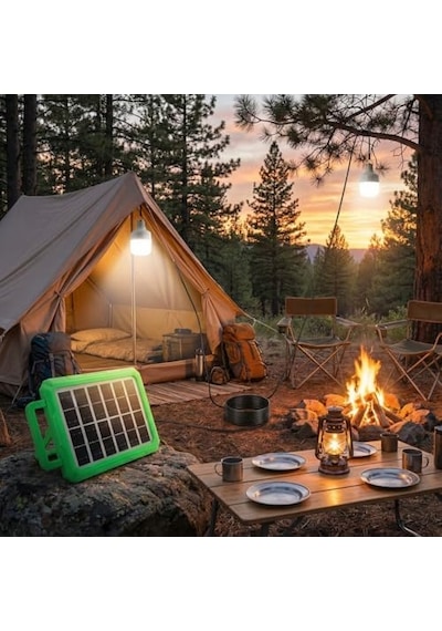 2 Ampullü Solar Panelli Powerbank Özellikli Kamp Işığı Seti Güneş Enerjili Led Kamp Aydınlatma Sistemi, Taşınabilir Şarjlı Çadır Lambası, Outdoor Acil Durum Işığı