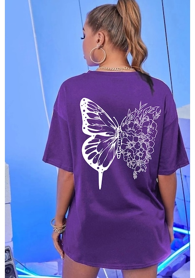 Unisex Drawing Butterflies Tasarım T-shirt Mor