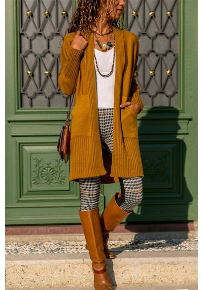 Aqe Fashion Şerit Bantlı Önü Açık Hardal Hırka HARDAL