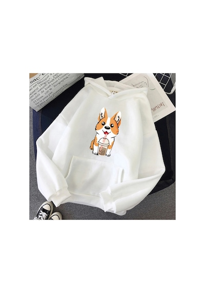 Tarzsokak Beyaz Süt Çay Bardağı Corgi Moda Unisex Hoodies Bahar Sonbaharrahat Hoodies Öğrenci