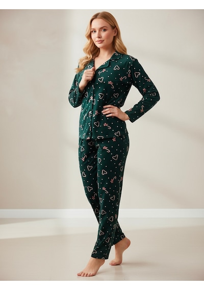 Süet Gömlek Pijama Takımı 7003 Yılbaşı Temalı Yeşil