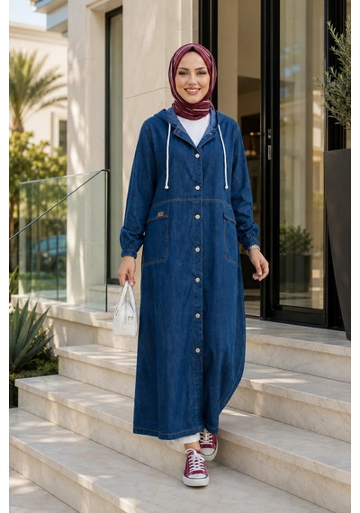 Hb Harma Time Butik Kadın Kapüşonlu Düğmeli Cepli Koyu Kot Mavi Kap Koyu Mavi