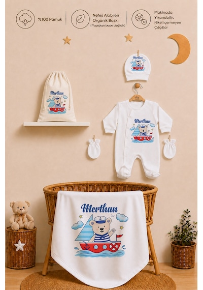 Pia Baby Erkek Bebek %100 Pamuk Hediye Seti 6 Lı İsimli Keseli Tulum Şapka Eldiven Battaniye Ve Yastık Kılıfı 1087tybkyx Krem