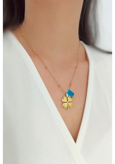Sarı Altın Renk Top Zincirli Boncuklu Yonca Kolye Bbk56 Sarı