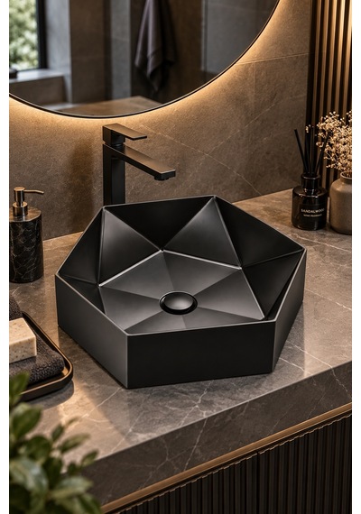 Alfas Aura Geometrik 44 Cm Pvd Mat Siyah Tezgah Üstü Çanak Lavabo Pvd 304 Paslanmaz Çelik