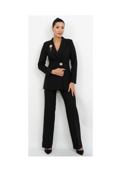 Dorne Moda Gold Aksesuar Detaylı Blazer Ceket Pantolon Takım Siyah Siyah