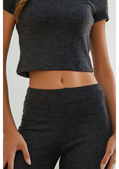 Hiccup Slim Fit Triko Crop Bluz Kömür Grisi