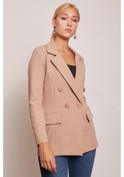 Blazer Düğmeli Uzun Kol Şık Süs Cepli Ofis Ceket-Camel