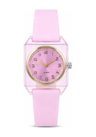 Kadın Kol Saati Pembe Silikon Kordon Şeffaf Kare Kasa Analog Kadran St-304452