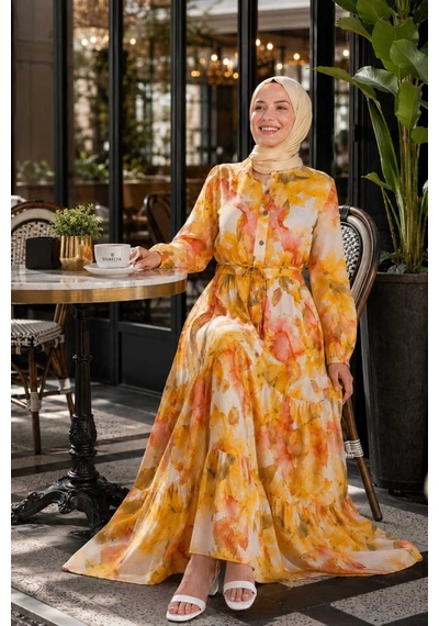 Hb Harma Time Butik Kadın Düğmeli Desenli Modal Kumaş Sarı Elbise Turuncu Turuncu