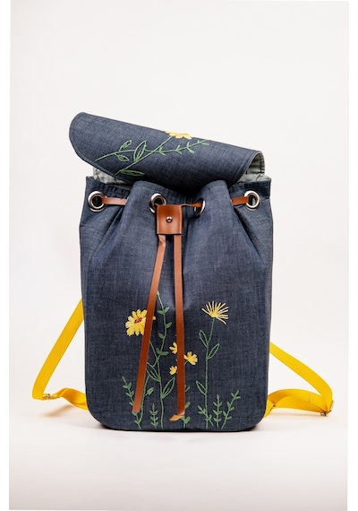 Fabric Craft Bag Sırt Çantası Kot Kumaş Çiçek Nakışlı Büzgülü Kot