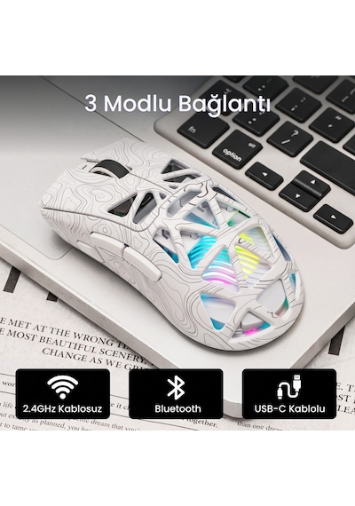 Aula Sc620 Paw3311 Sensör 12000 Dpı 1000hz Kablolu Ve Kablosuz Gaming Oyuncu Mouse Desenli Beyaz