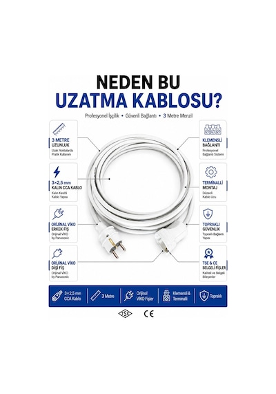 Viko Seyyar Uzatma Kablosu 3 Metre 3x2.5 Mm Cca Kablo Viko Erkek Dişi Fiş Klemensli Terminalli Topraklı Tse Ce Belgeli 3 M