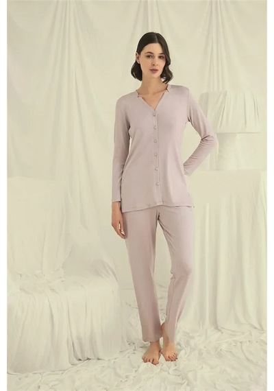 Ang Butik Kadın Uzun Kollu Boydan Düğmeli V Yaka Pijama Takımı Vizon