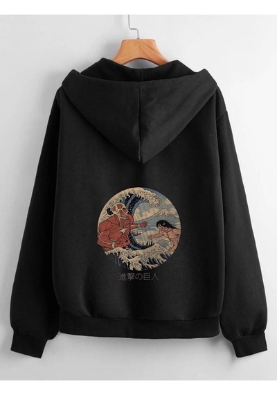 Altamira Unisex Siyah Yuvarlak Sırt Baskılı Ince Mevsimlik Kapşonlu Oversize Hırka 001