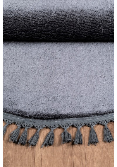 Comfort Yuvarlak Ponpon Saçaklı Peluş Halı Yatak Odası- Çocuk Odası- Antre- Yemek Odası Kaymaz Taban Antrasit