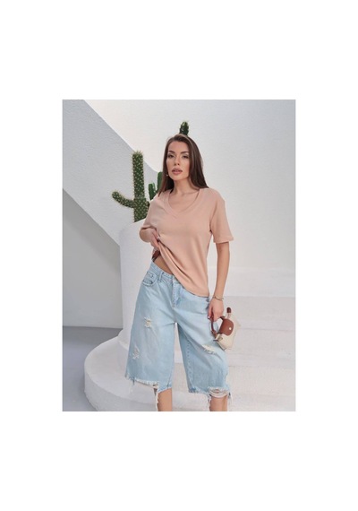 Paw Garage Kadın Massi İnterlok Kumaş V Yaka Oversize T-shirt Somon