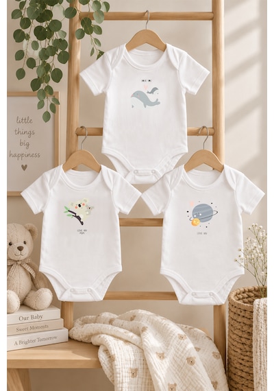 Luppinos Love You Mom 3lü %100 Pamuk Dijital Baskılı Bebek Body Set 1 Beyaz