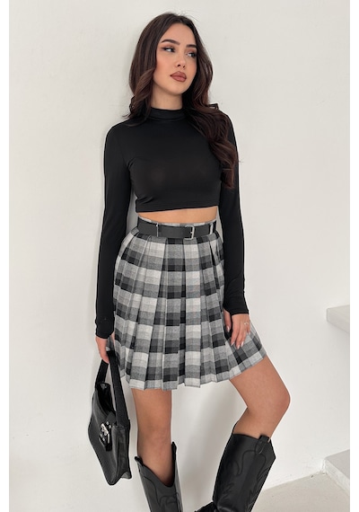 Kadın Pileli Ekose Mini Short Etek Grunge Charm Siyah