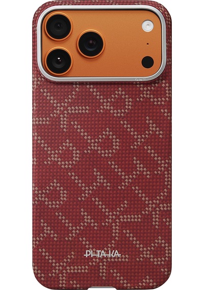 Apple Uyumlu iPhone 17 Pro  Kılıf M-safeli Aramid Fiber Pitaka Tactile Woven Monogram Serisi Kapak Kırmızı Kırmızı