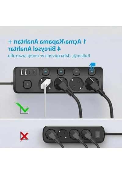 2 Metre Uzunlukta Akım Korumalı 4'lü Uzatma Prizi, 2xtype-c Girişi 0