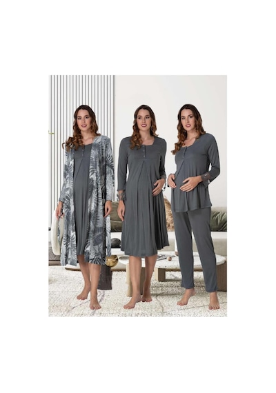 Effortt Dvina Lohusa Hamile Gecelik, Sabahlık Ve Pijama Takımı Komple Set - 4'lü Takım - Füme Füme