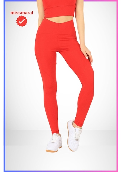 Missmaral Slim Fit Tayt Yüksek Bel Toparlayıcı Kırmızı Spor Model Flatlock Dikiş Detaylı Oslo 1090 Kırmızı