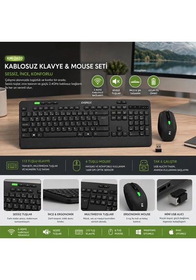 Kablosuz Klavye - Mouse Seti Siyah Usb - Sessiz - Switch Q Klavye Km-2620 Bx40