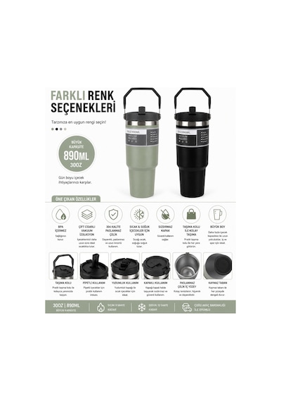 890 Ml Çelik Termos Bardak, 3 Şekilde Ağız Kullanımlı, Sızdırmaz Paslanmaz Çelik Pipetli Bardak Yeşil