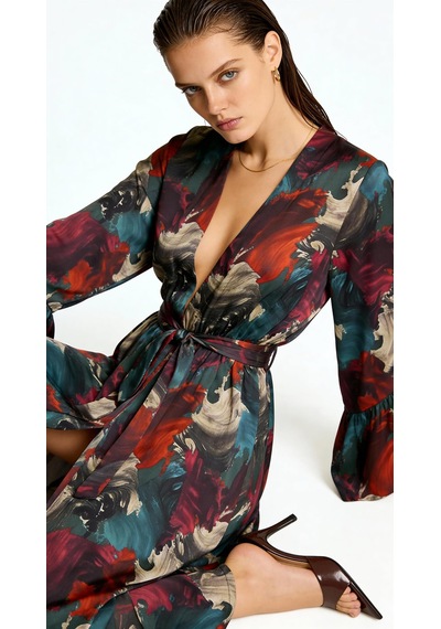 Roxela Desenli Uzun Saten Sabahlık / Kimono Çok Renkli