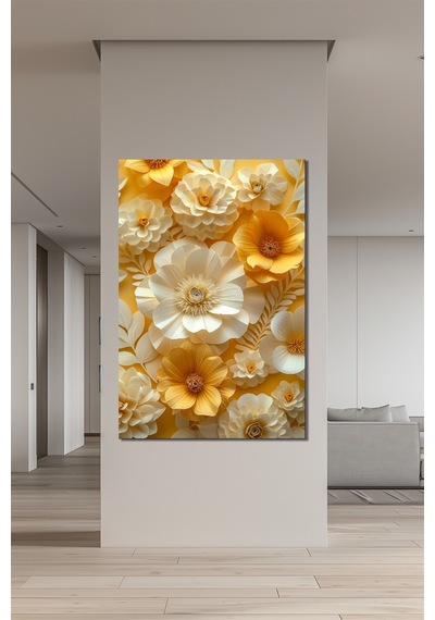 Çiçek Baskılı Cam Tablo 3d Görünümlü Sarı Beyaz Floral Dekoratif Duvar Tablosu
