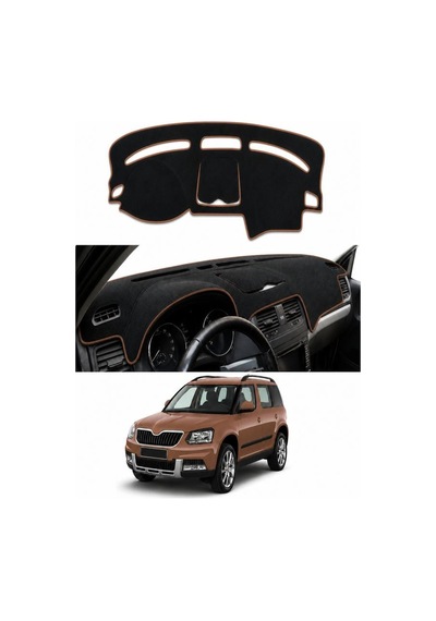 Skoda - Yeti 2009-2017 Uyumlu Torpido Koruma Kılıfı - Kahverengi Şeritli