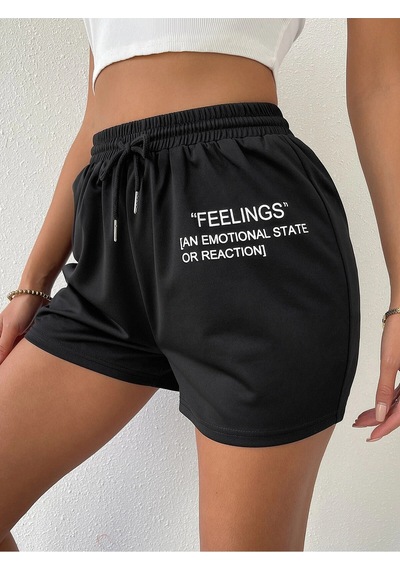 Drawstring Waist Slogan Graphic Track Şort Siyah