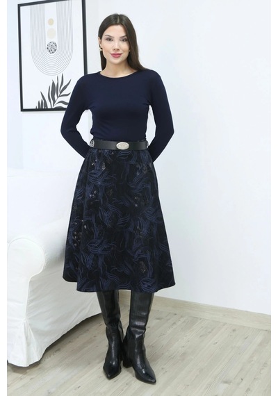 Lodmela Baskılı Ve Kemerli Kadife Etek 6069-siyah/indigo Siyah/indigo