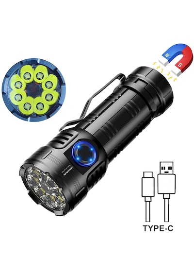 8+1 Led Şarjlı Çantalı Cree Q8 + Xpg Led Mıknatıslı El Feneri 7 Modlu Watton 623 Siyah