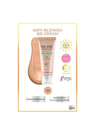 Note Cosmetique Anti-Blemish BB Cream SPF 15 Akneye Yatkın Ciltler BB Krem - 03 Natural Beige
