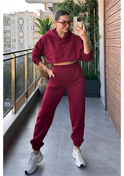 Neşeli Butik Kadın Kapüşonlu Şardonlu Eşofman Takımı Gts020 - Bordo Bordo
