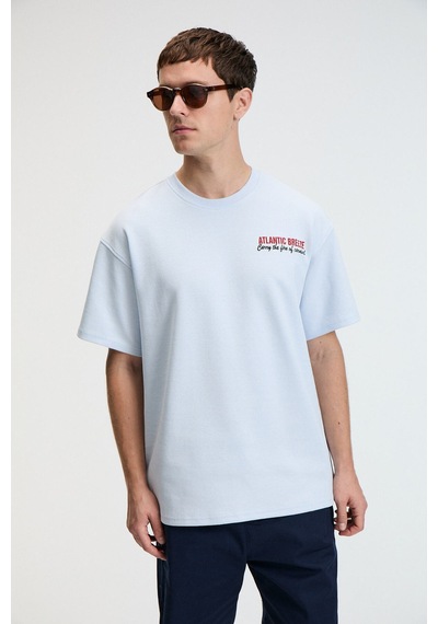 Grimelange YUM Erkek Oversize Baskılı Yuvarlak Yaka Mavi T-Shirt