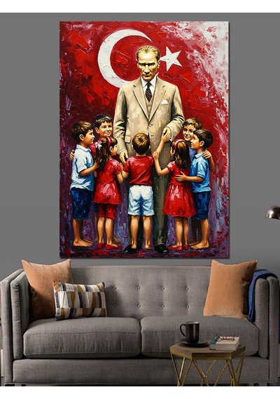 Türkiye Çocuk Ve Atatürk Sevgisi Dekoratif Kanvas - Mdf Ahşap Tablo