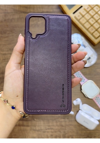 Samsung Galaxy A12 Uyumlu Premium Deri Dokulu Darbelere Karşı Dayanıklı Nazal Silikon Kılıf Mor