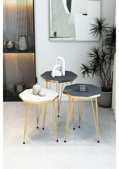 3'lü Sekizgen Zigon Sehpa Seti - Gold Metal Ayaklı, Modern & Şık Yan Sehpa, Dayanıklı Salon Ofis Beyaz Antrasit