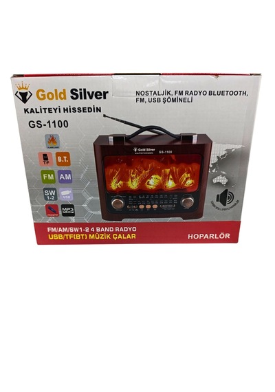 Gold Silver Gs-1100 Şömine Efektli Nostaljik Radyo Şarjlı Ahşap Bluetooth Hoparlör Fm Usb Tf