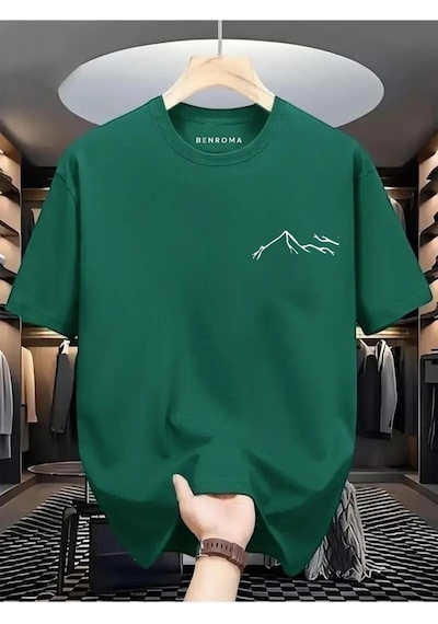 Beyaz Dağ Baskılı Oversize Tişört Yeşil