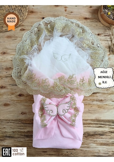 Ekru Kız Erkek Bebek Battaniyesi Dantelli Kundak Hastane Çıkışı Yenidoğan %100 Doğal Pamuktan Pembe
