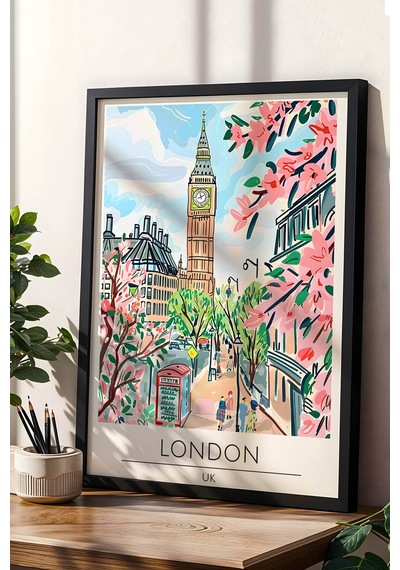 İngiltere Londra Temalı Çerçeveli Tablo Travel Serisi Modern İllüstrasyon Şehir Duvar Dekoru Siyah