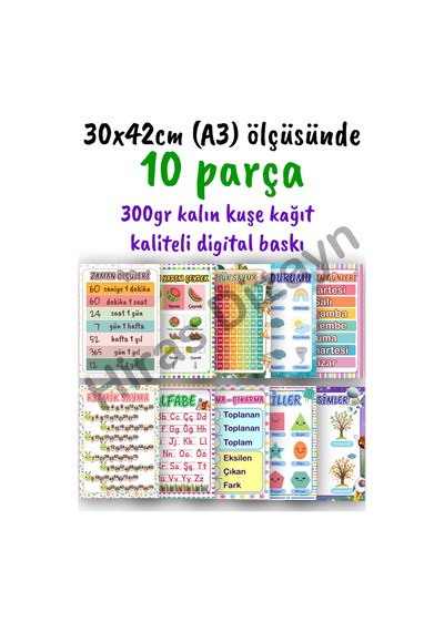 1. Sınıf Ders Afişi Seti Sınıf Afişleri 10 Parça 30x42cm A3- Yeni Müfredat İlkokul Okul Öncesi Eğitici Sınıf Panosu Süsleme Seti 300gr Kalın Kuşe Kağıt Duvar Afişleri Eğitim Materyalleri