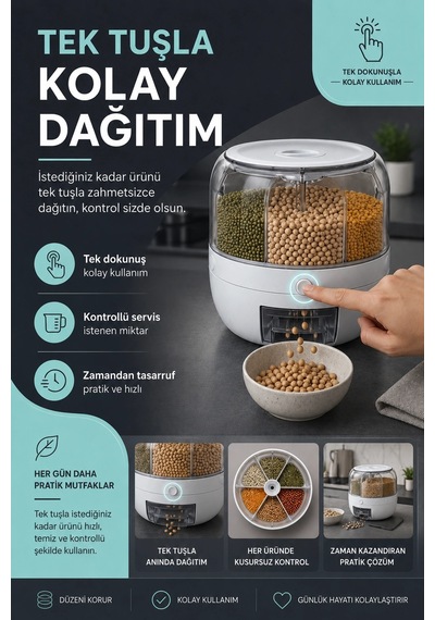 Mutfak Düzenleyici 6 Bölmeli Döner Bakliyat Kutusu Şeffaf Kapaklı Pratik Kullanım