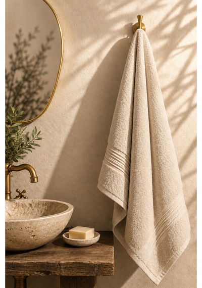 50x90 Pamuklu El Yüz Havlusu Yumuşak Dokulu Yüksek Su Emici Banyo Havlusu Dekoratif Bordürlü Günlük Kullanım Bej